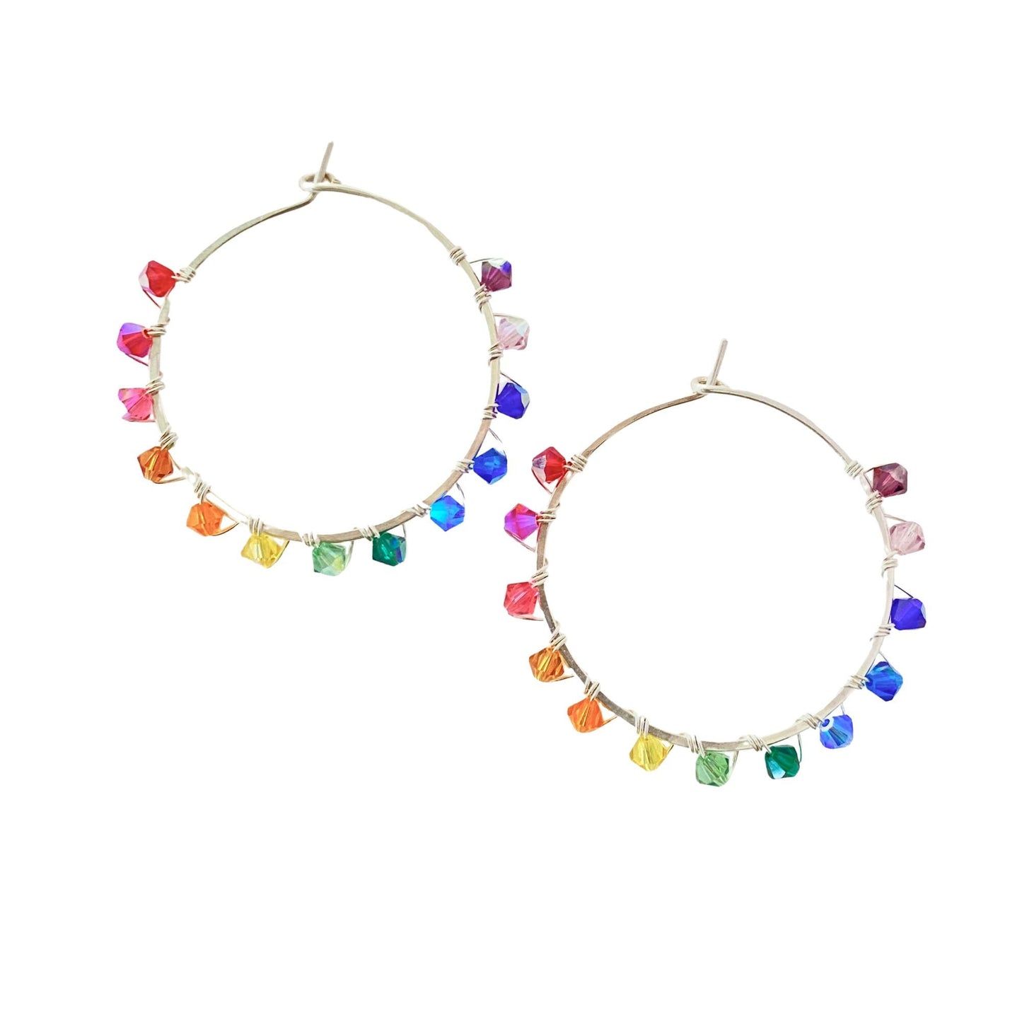 Rainbow Swarovski Crystal Sterling Silver Hoop Earrings (1.5 inch)