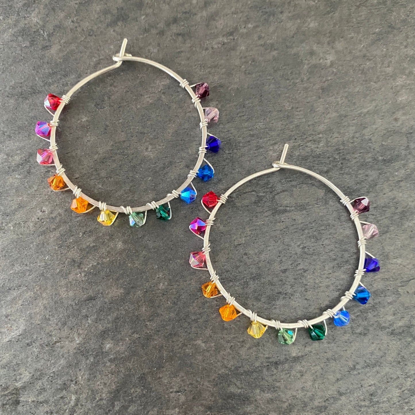 Rainbow Swarovski Crystal Sterling Silver Hoop Earrings (1.5 inch)