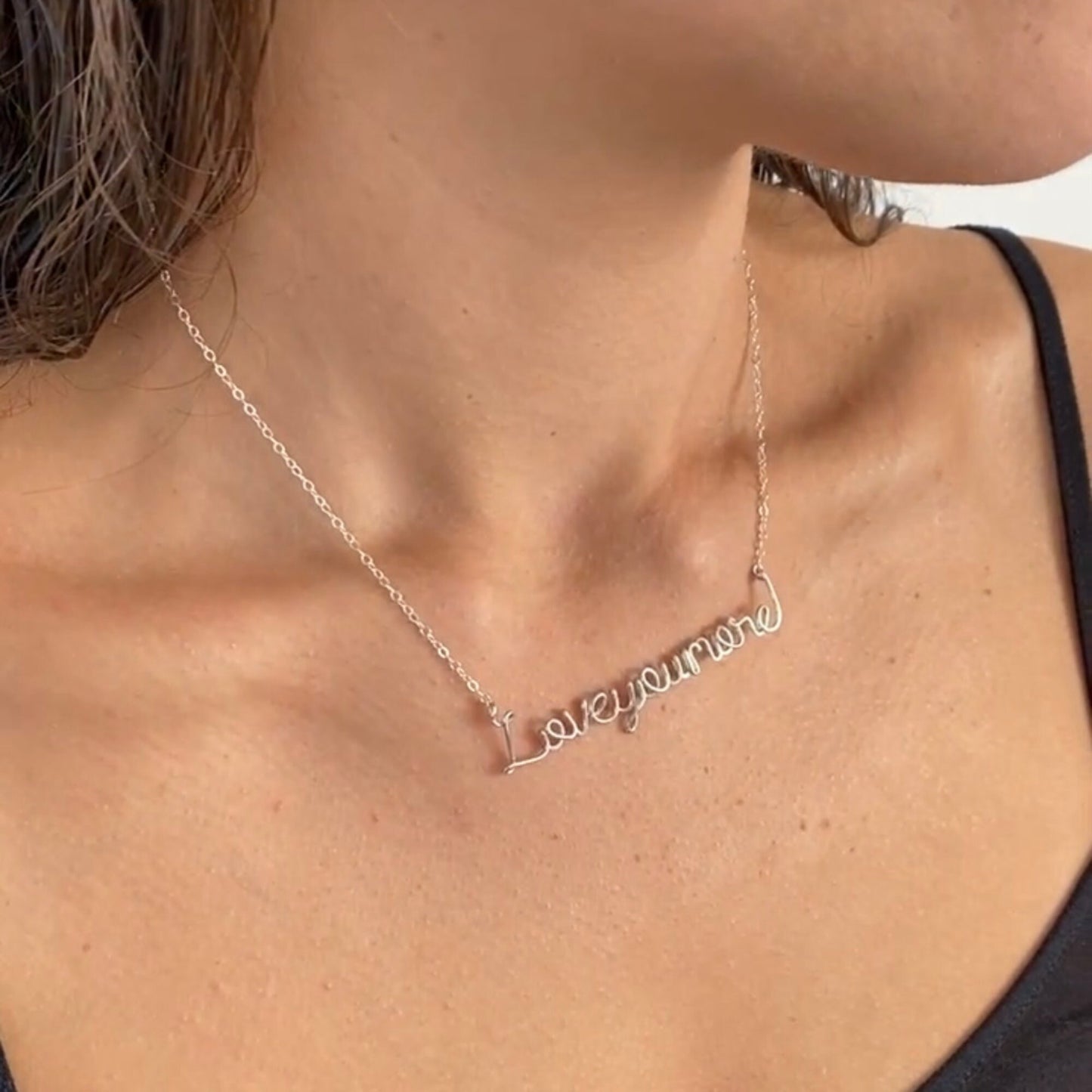 Love You More Necklace: Sterling Silver Wire Script Love Jewelry. Handmade