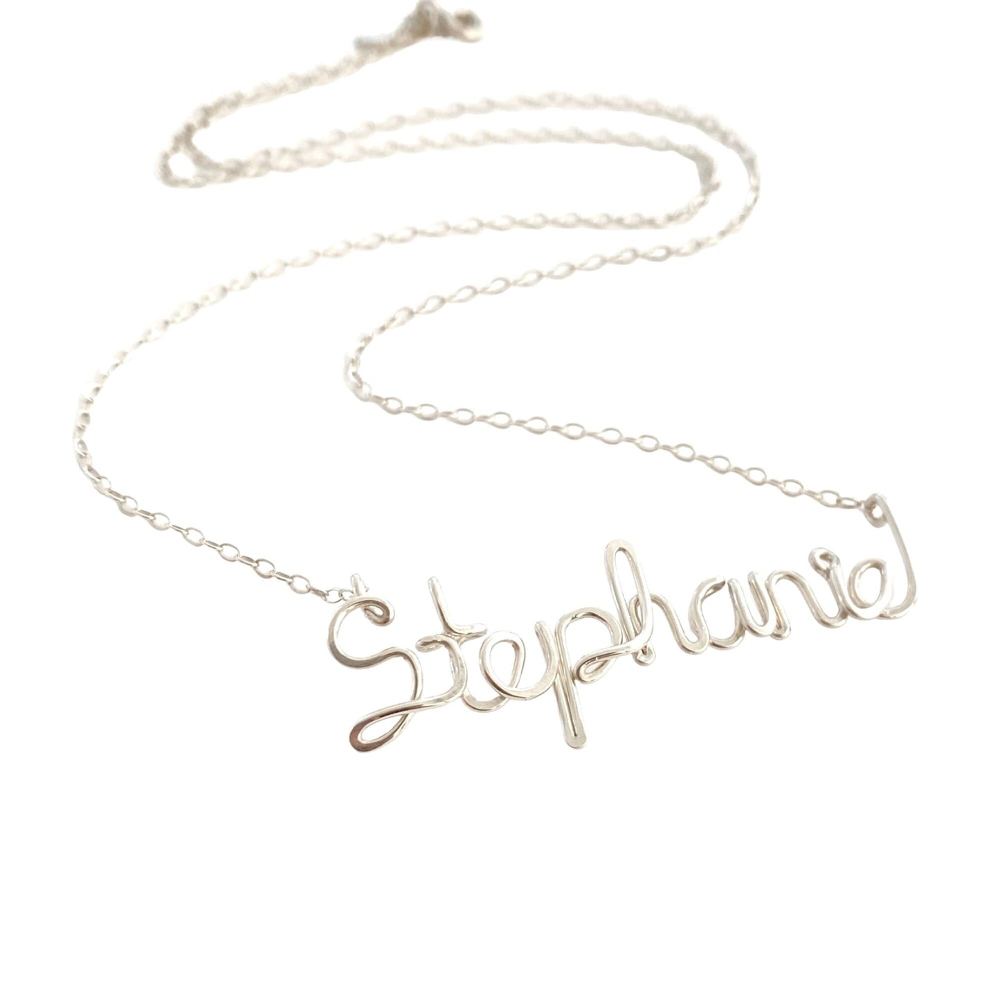Name Necklace. Custom Sterling Silver Name Necklace. Personalized Script Font Wire Name Necklace.