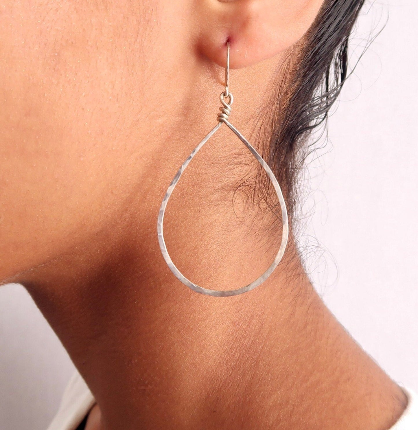 Teardrop Hoop Earrings. Large Tear drop Hammered Hoops in Silver or 14k Gold