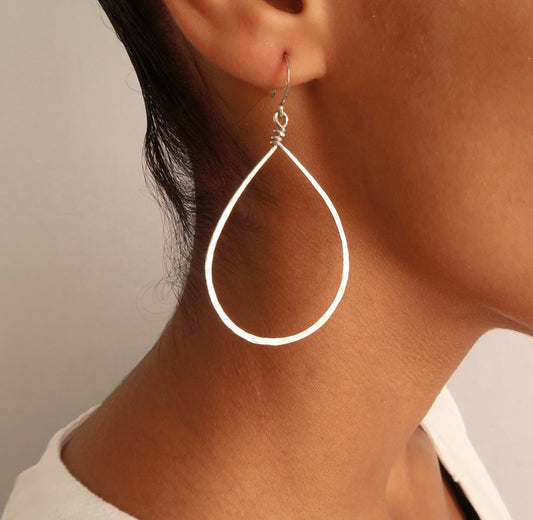 Teardrop Hoop Earrings. Large Tear drop Hammered Hoops in Silver or 14k Gold