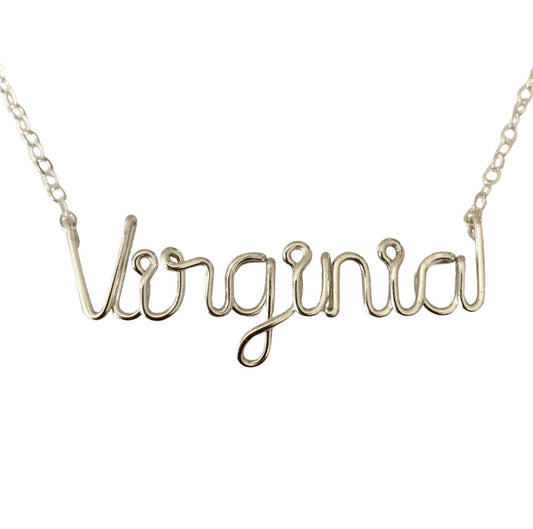 Name Necklace. Custom Sterling Silver Name Necklace. Personalized Script Font Wire Name Necklace.