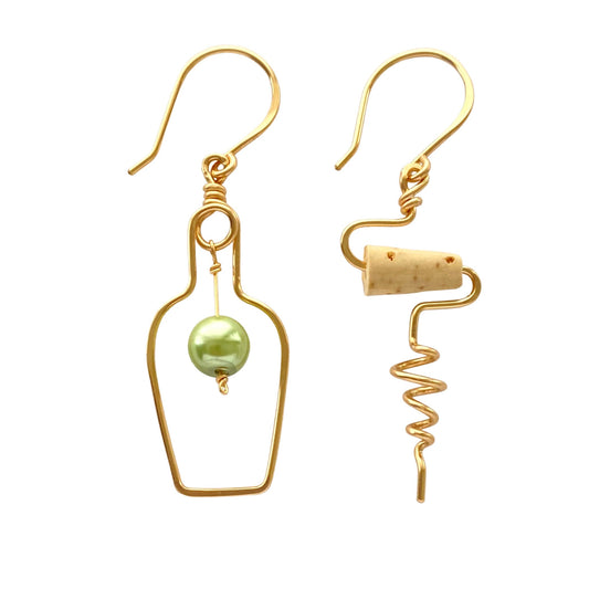 Wine Bottle & Corkscrew Earrings: Swarovski Grape, Sterling Silver or Gold
