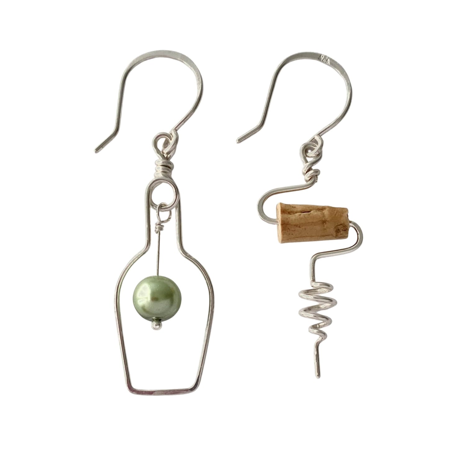 Wine Bottle & Corkscrew Earrings: Swarovski Grape, Sterling Silver or Gold