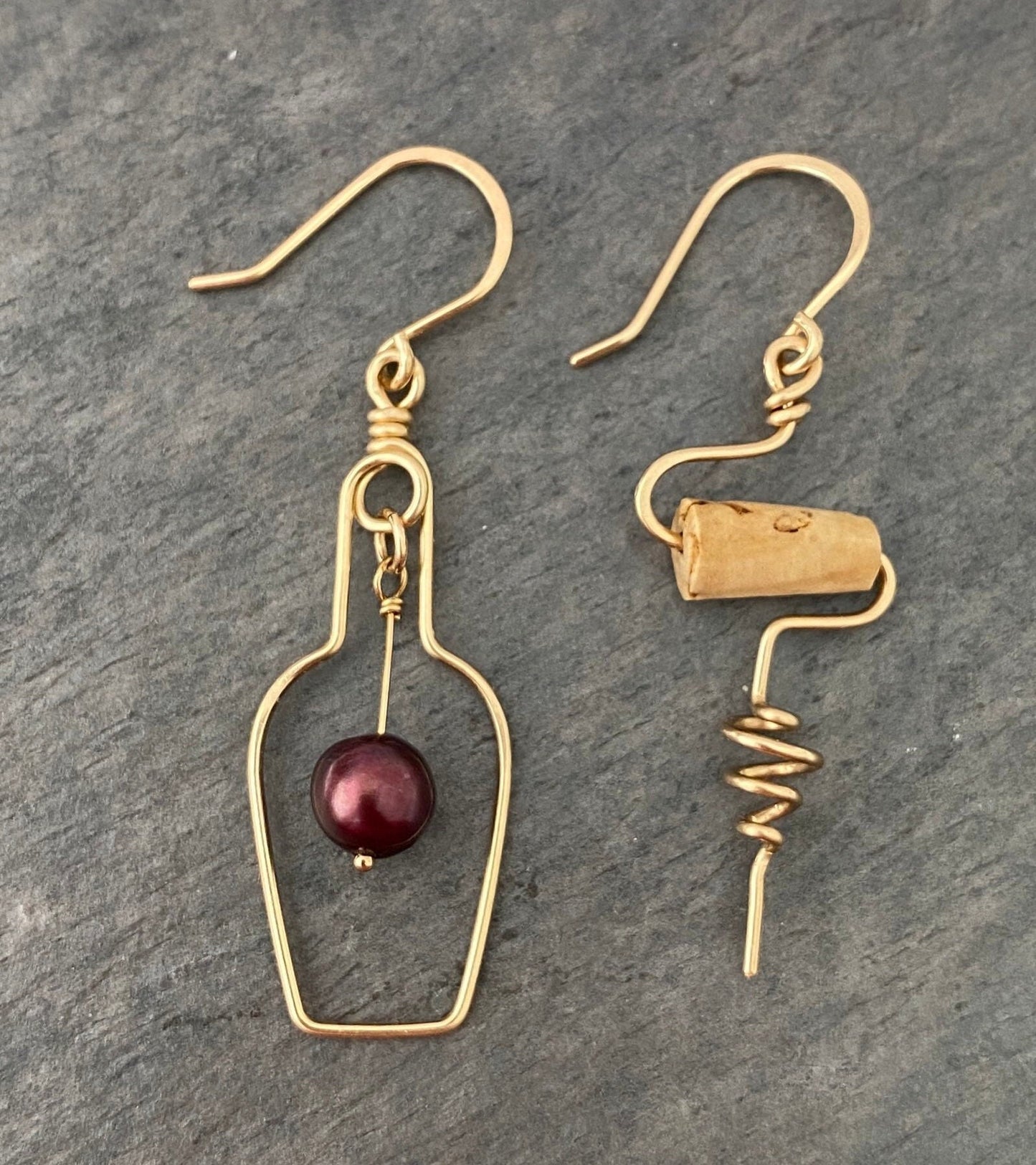 Gold Wine Earrings: Corkscrew & Bottle, Red Pearl Grape, Wine Lover Gift