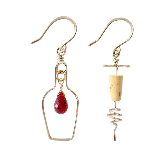 Red Wine Earrings. Sterling Silver Garnet Wine Bottle and Cork Screw Earrings.