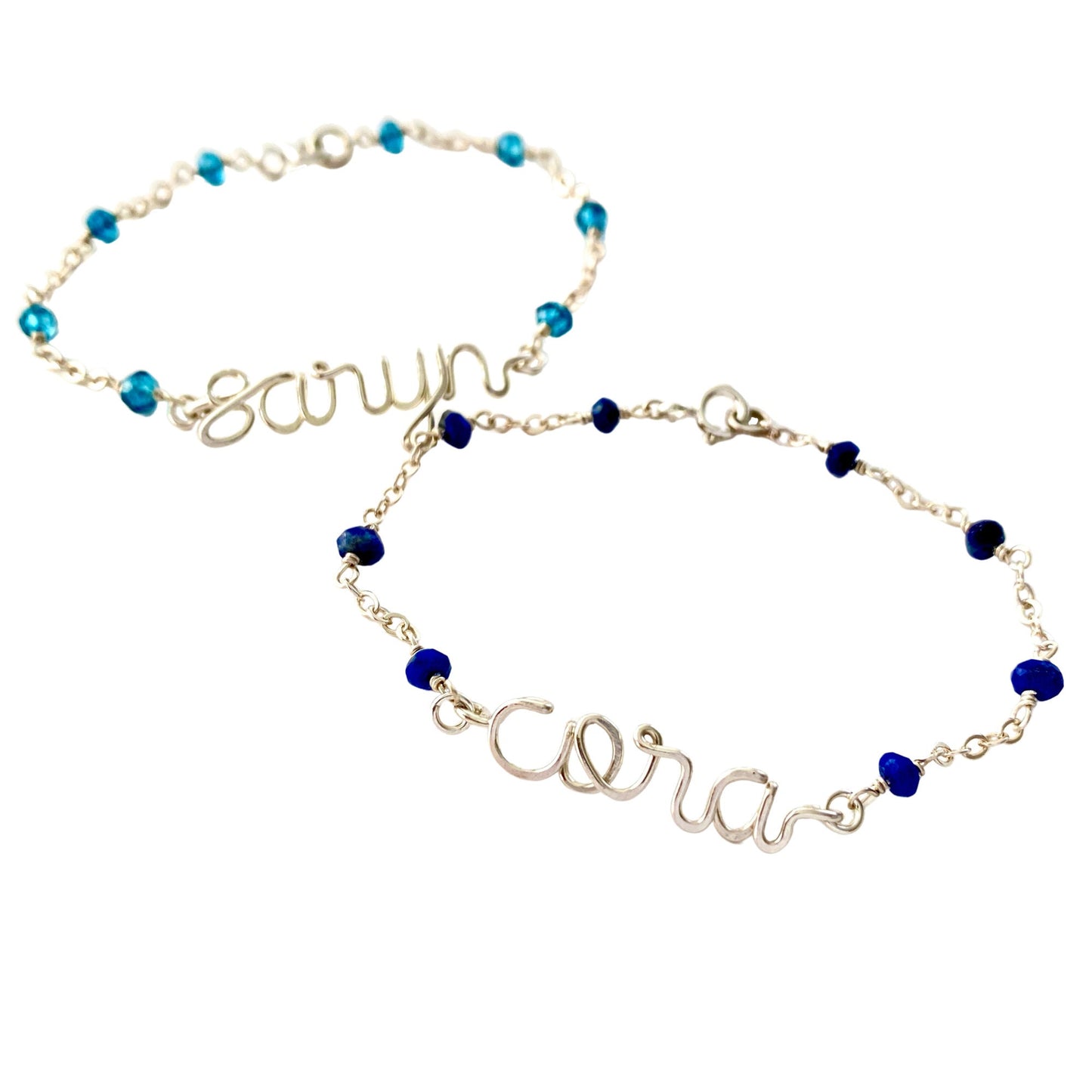Pearl Name Bracelet: Sterling Silver Lowercase Script, Gemstone and Chain