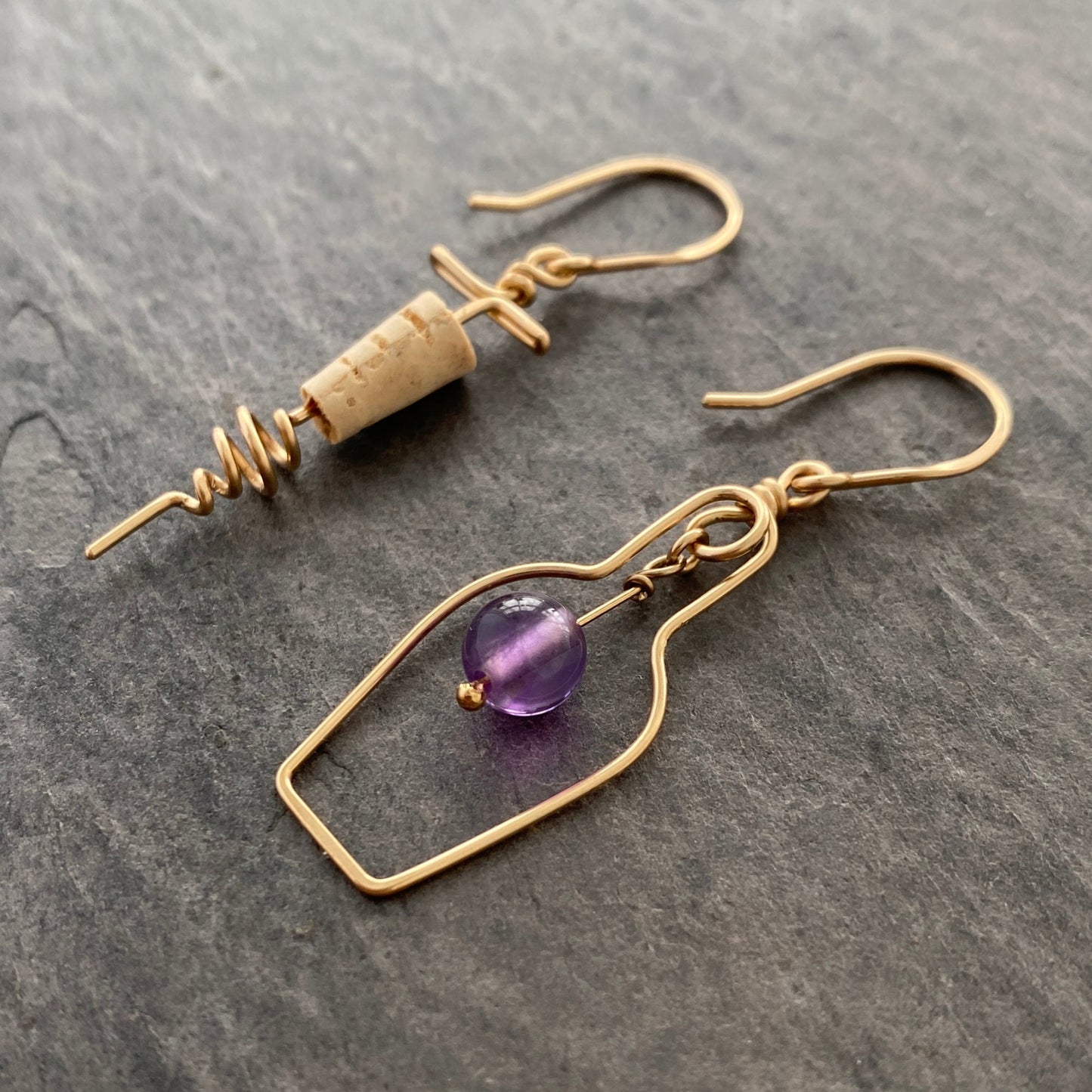Gold Wine Earrings. Cork Screw Wine Amethyst Earrings. Wine Lovers Earrings with Gemstone. Cocktail Earrings.