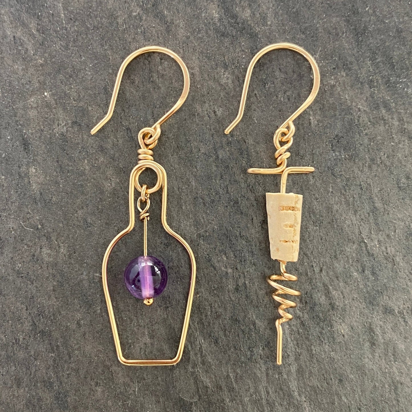 Gold Wine Earrings: Amethyst Grape, Corkscrew Earrings
