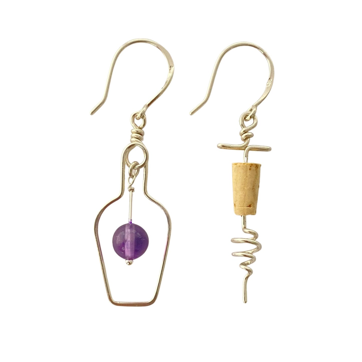 Wine Earrings: Genuine Amethyst Grape, Sterling Silver, Real Cork