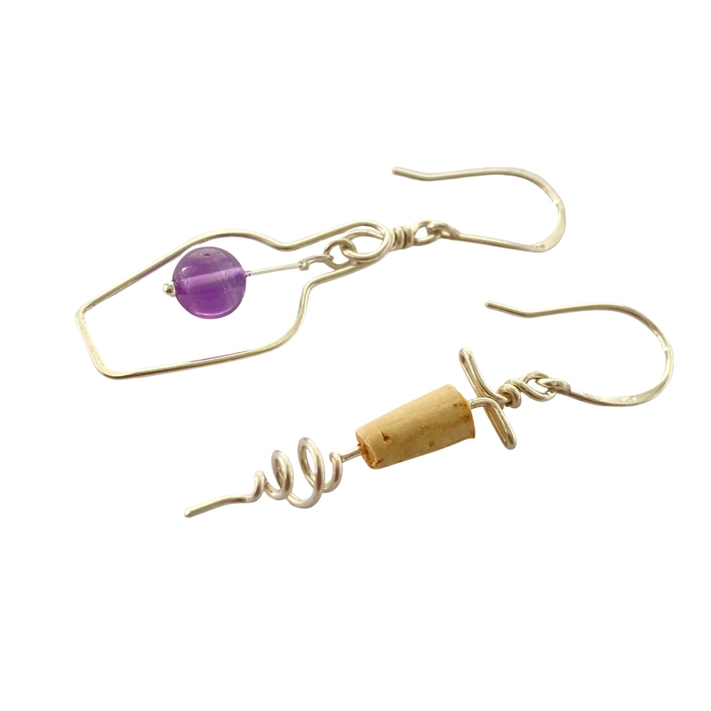 Wine Earrings: Genuine Amethyst Grape, Sterling Silver, Real Cork