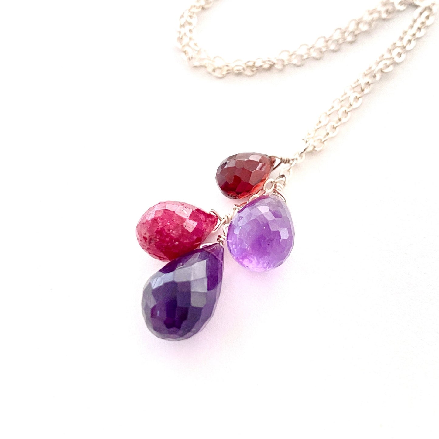Amethyst, Ruby and Garnet Gemstone Drops Necklace. Real Gemstones. Genuine Gemstone Necklace