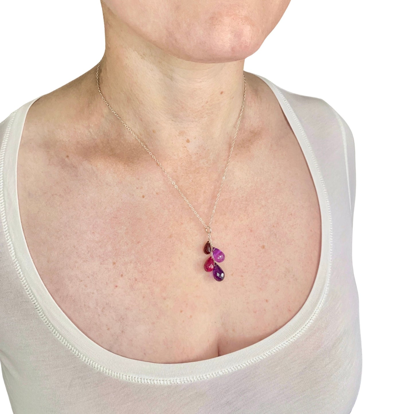 Amethyst, Ruby and Garnet Gemstone Drops Necklace. Real Gemstones. Genuine Gemstone Necklace