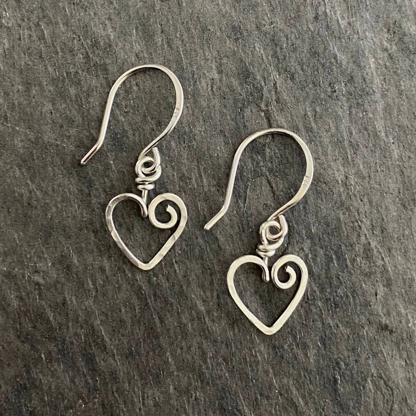 Heart Earrings. Sterling Silver Hammered Small Dangle Earrings 1 inch long.