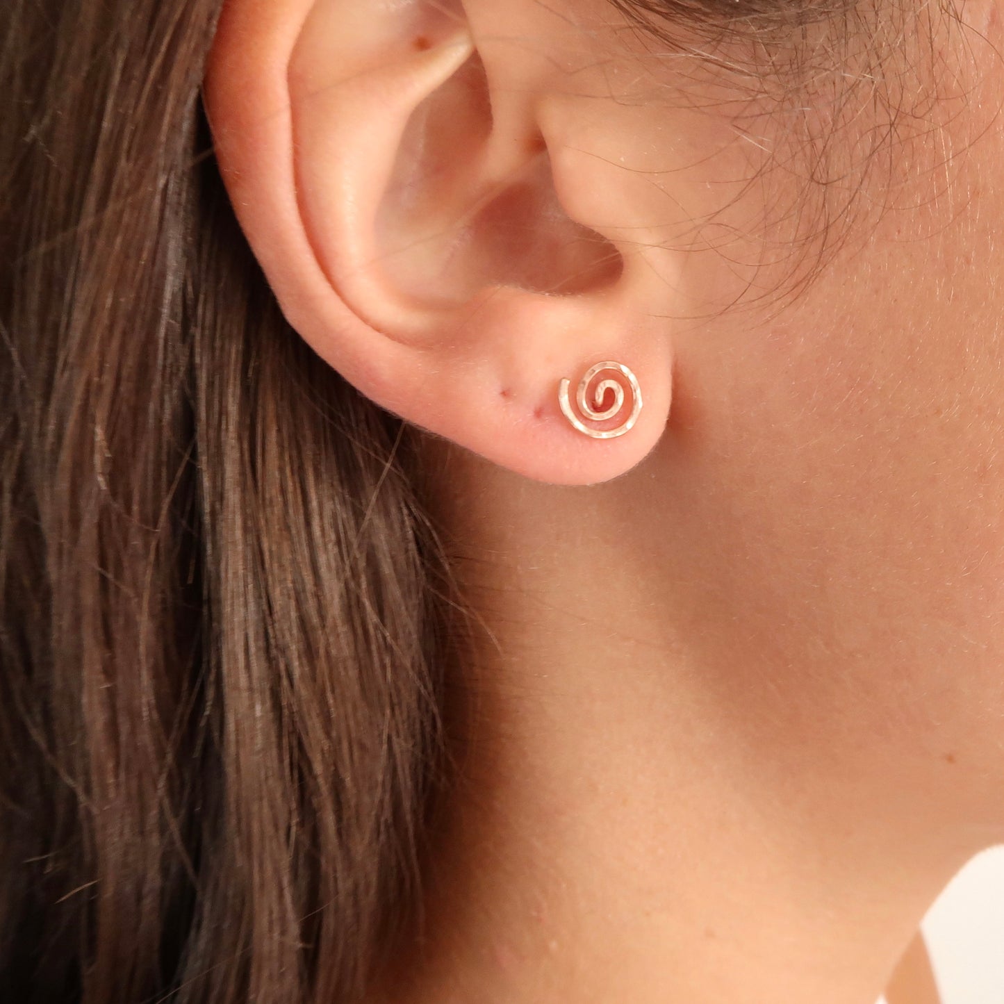 14k Rose Gold Spiral Stud Earrings: Hand Hammered Sun Swirl Posts