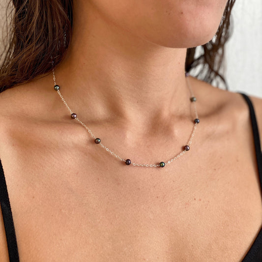 Black Pearl Chain Necklace. Black Peacock Pearl Necklace in Sterling Silver or 14k Gold