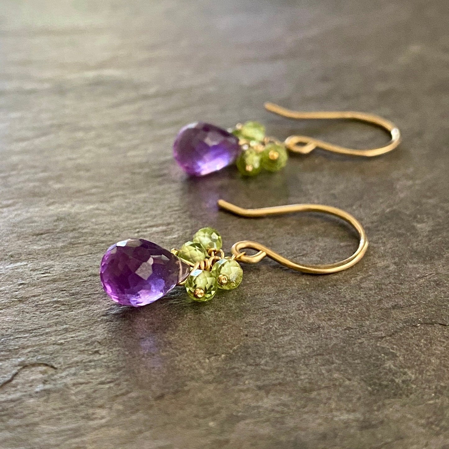Amethyst and Peridot Earrings. Genuine Purple Green Gemstone Earrings.