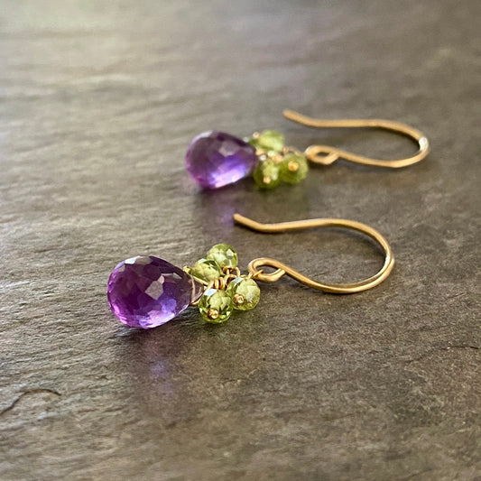 Amethyst and Peridot Gemstone Earrings: Sterling Silver or 14k Gold.