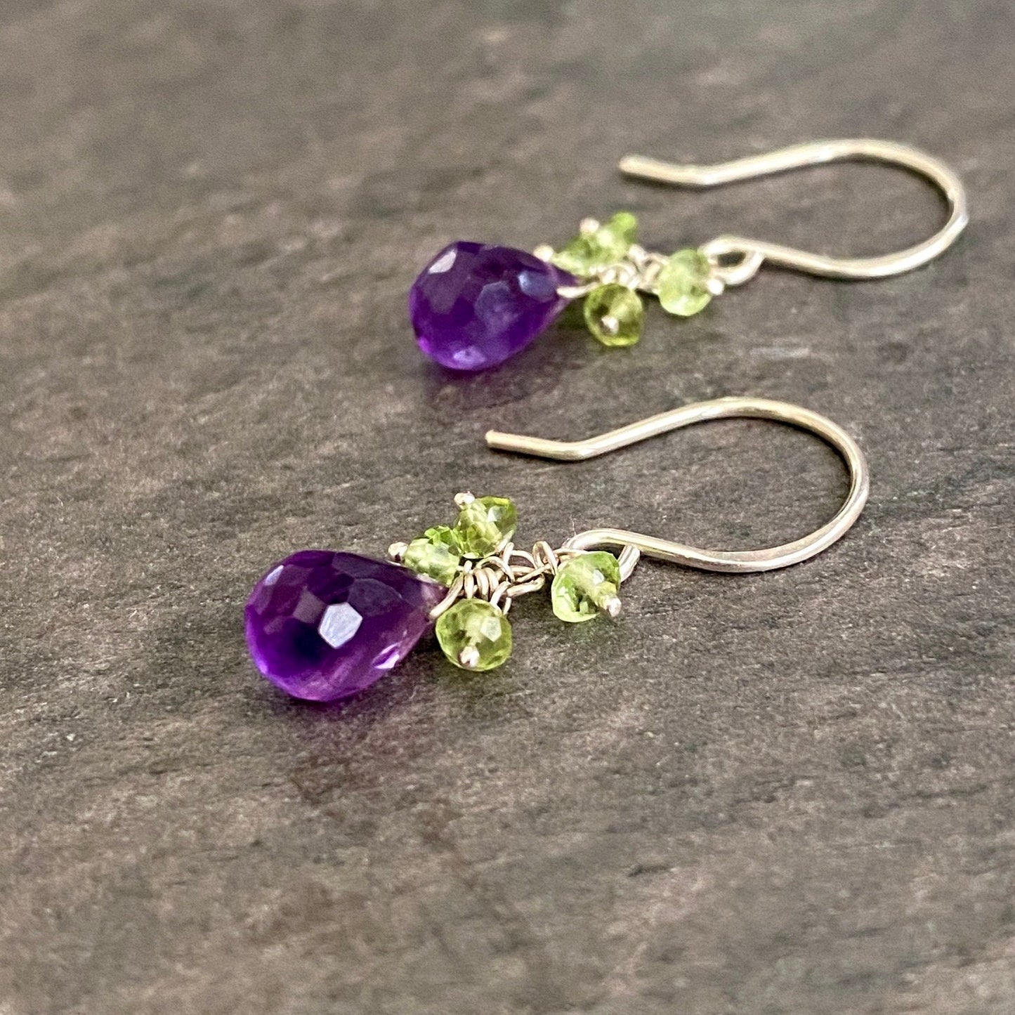 Amethyst and Peridot Gemstone Earrings: Sterling Silver or 14k Gold.