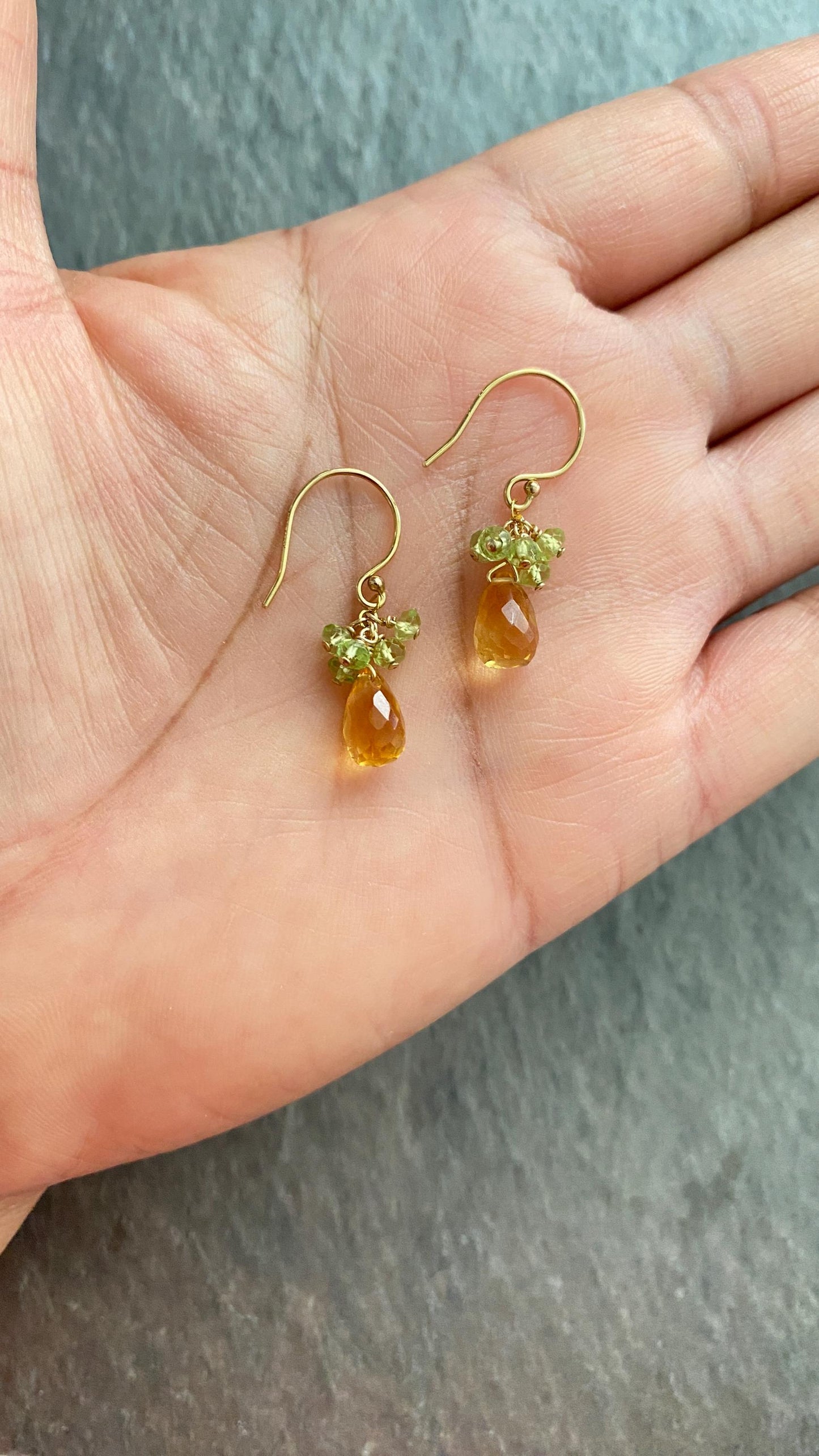 Citrine and Peridot Earrings. Gold, Faceted Yellow and Green Gemstone Earrings.