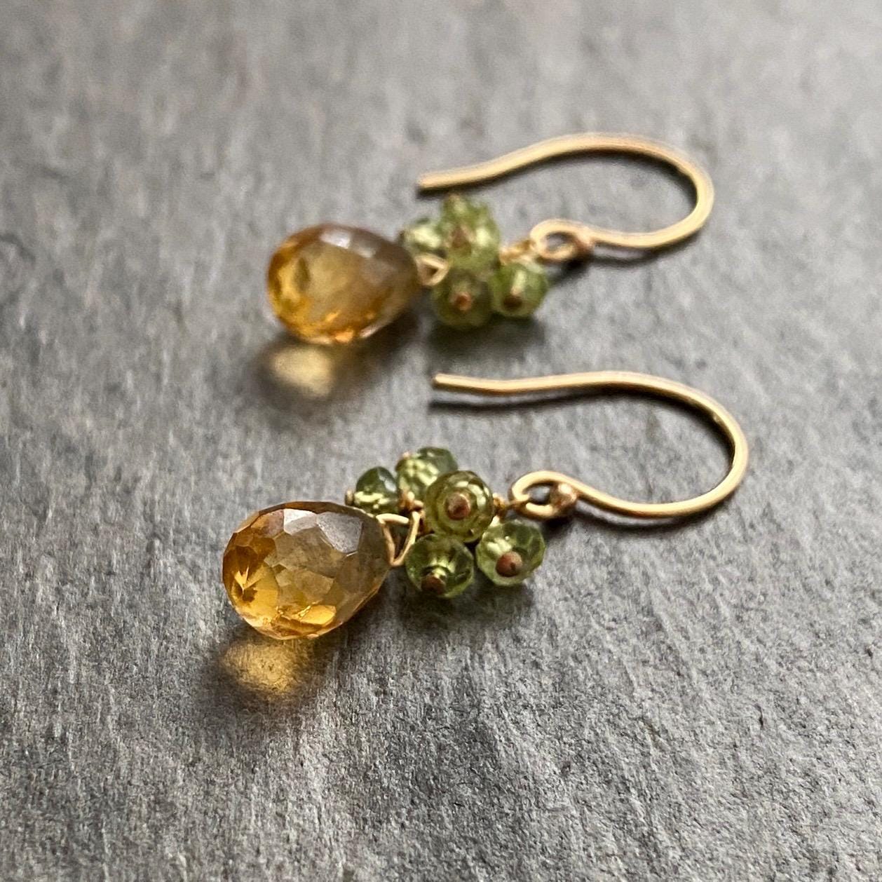 Citrine and Peridot Earrings. Gold, Faceted Yellow and Green Gemstone Earrings.