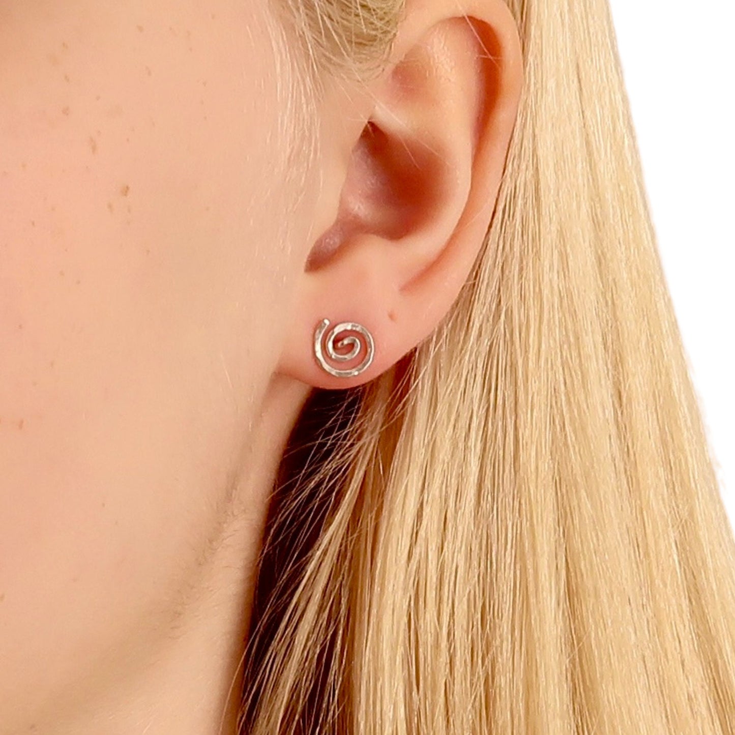 14k Solid Gold Spiral Stud Earrings: Hammered Swirl Design