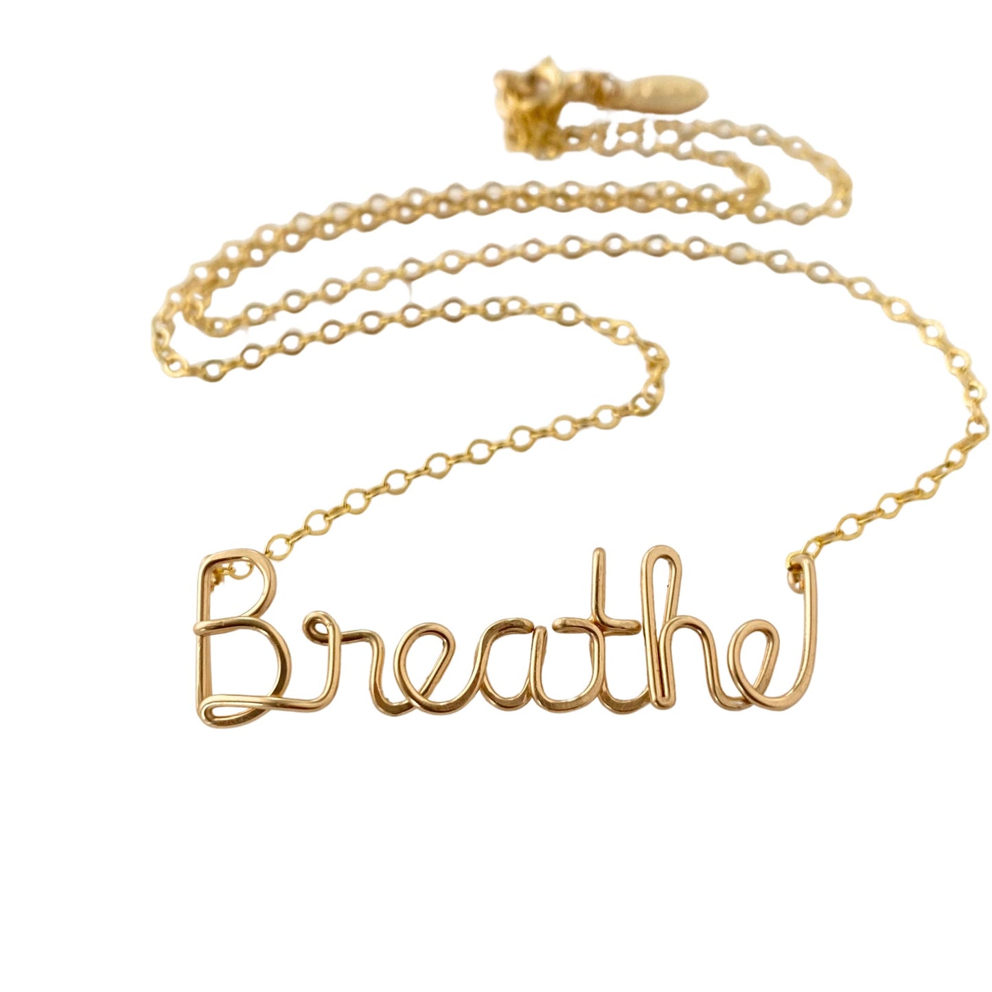 Gold Filled Breathe Necklace: Yoga Inspired Wire Word Pendant