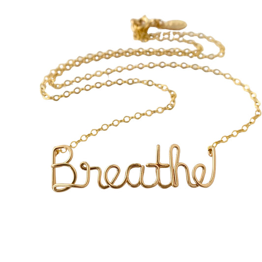 Gold Filled Breathe Necklace: Yoga Inspired Wire Word Pendant