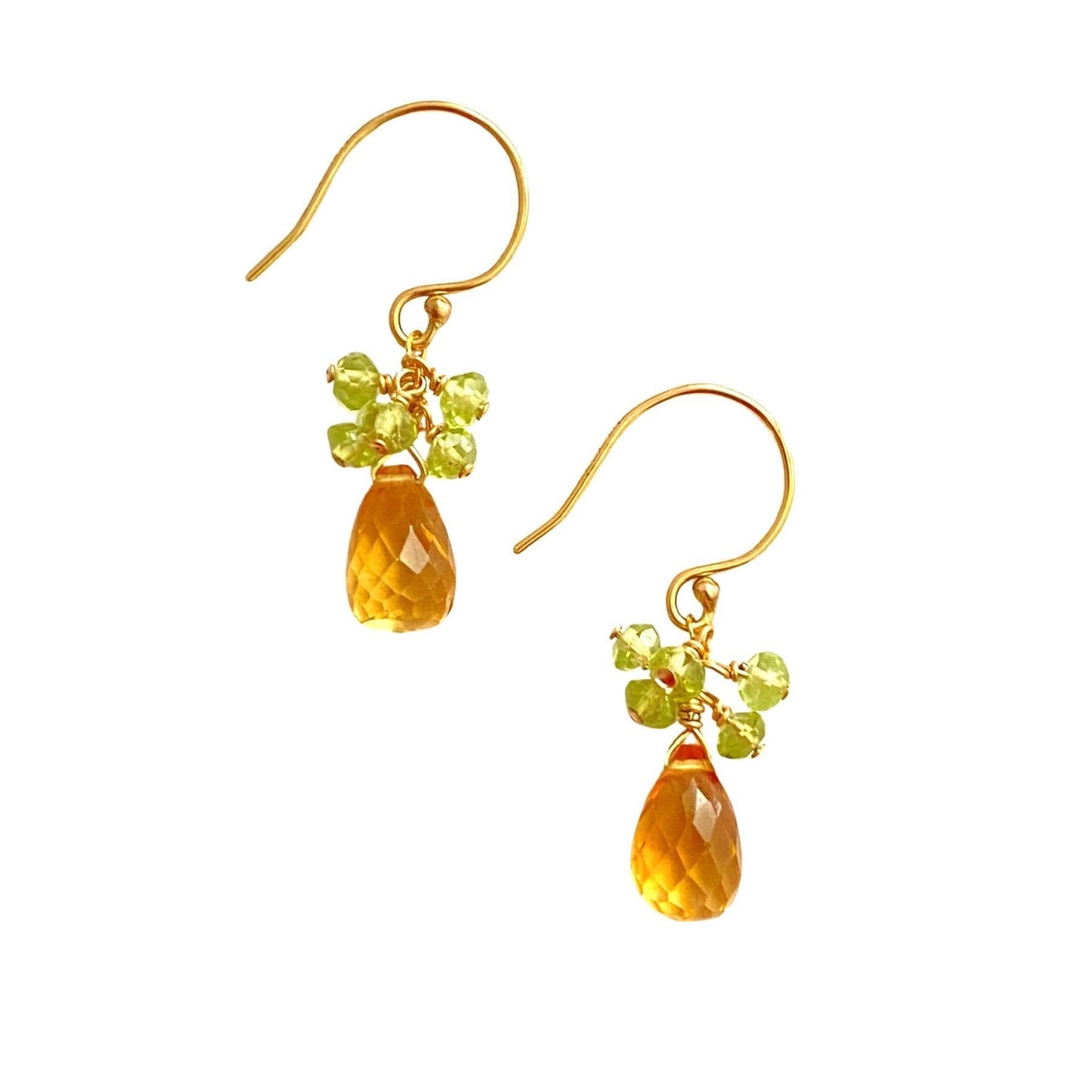 Citrine and Peridot Earrings. Gold, Faceted Yellow and Green Gemstone Earrings.