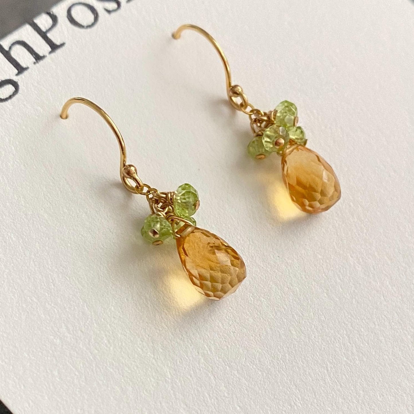 Citrine and Peridot Earrings. Gold, Faceted Yellow and Green Gemstone Earrings.