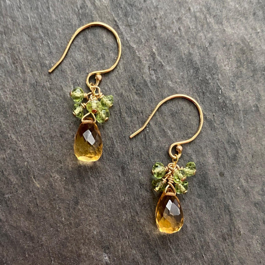 Citrine and Peridot Earrings. Gold, Faceted Yellow and Green Gemstone Earrings.