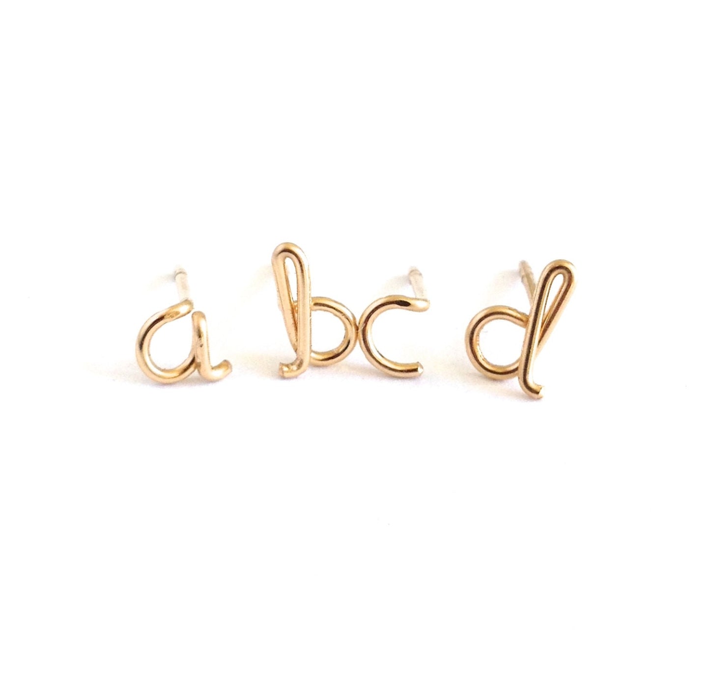 14k Gold Pair of Initial Earrings. Small Dainty lowercase script earrings. Gold Letter Wire Studs.
