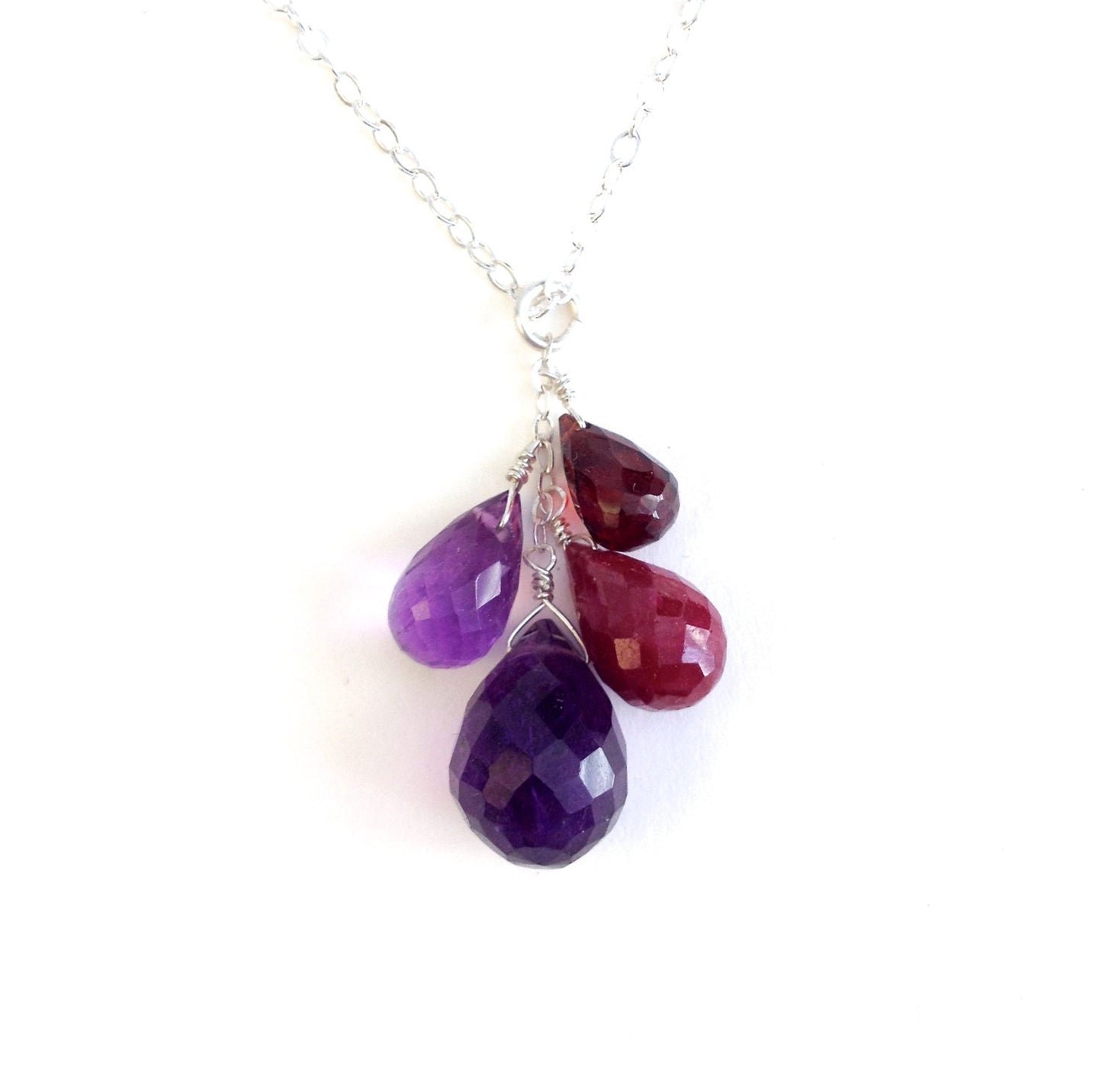 Amethyst, Ruby and Garnet Gemstone Drops Necklace. Real Gemstones. Genuine Gemstone Necklace