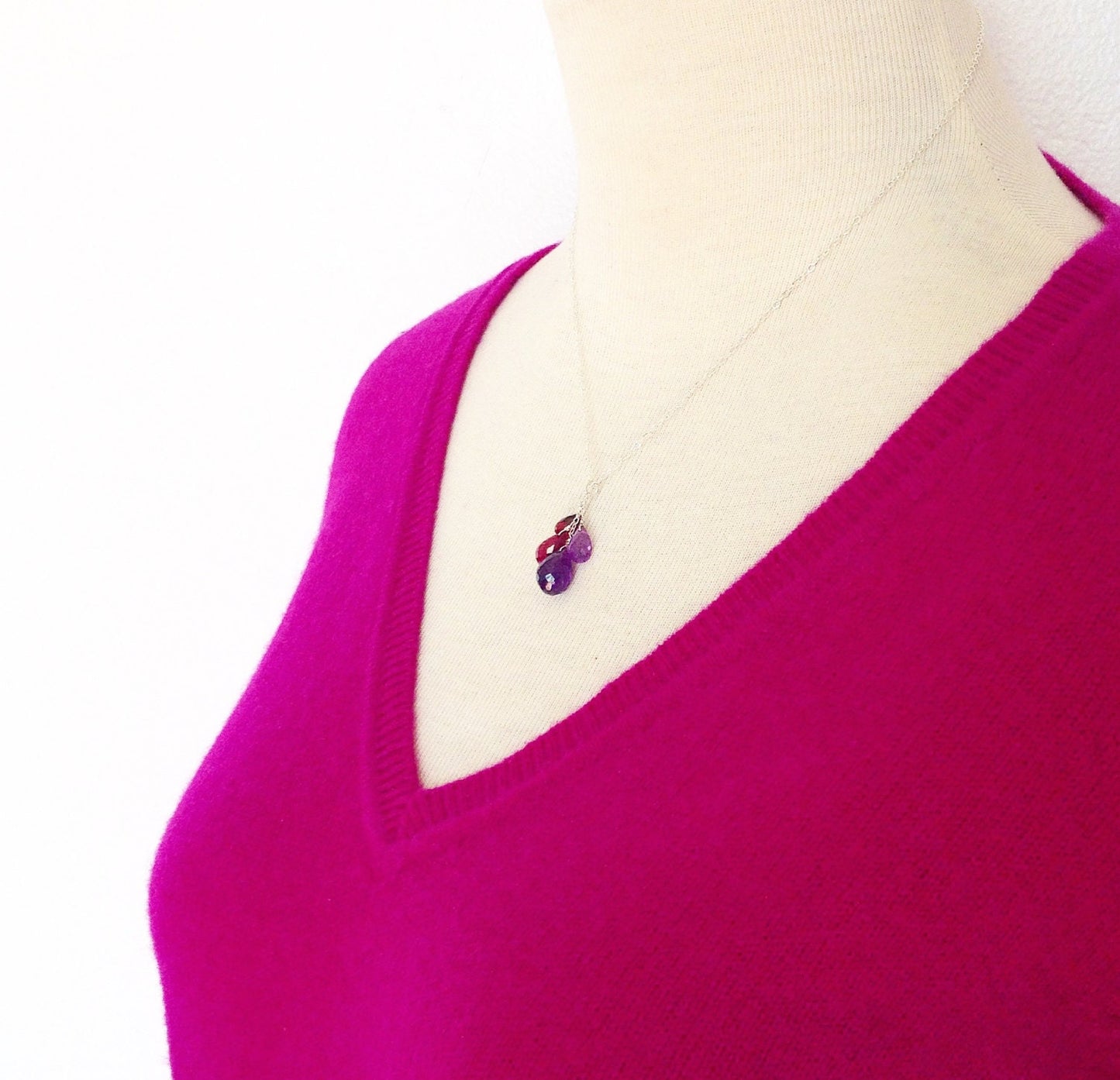 Amethyst, Ruby and Garnet Gemstone Drops Necklace. Real Gemstones. Genuine Gemstone Necklace