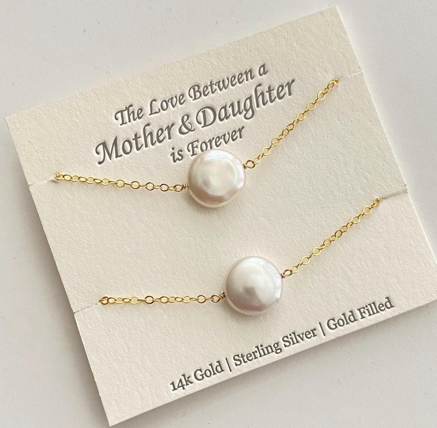 Mother Daughter Matching Freshwater Coin Pearl Necklaces. Gold Mommy and Me Necklace Gift Set.