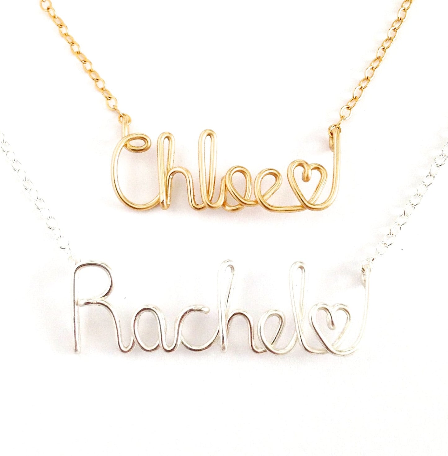 Heart Name Necklace. Personalized Custom Script Valentine’s Day Gift: Silver or Gold