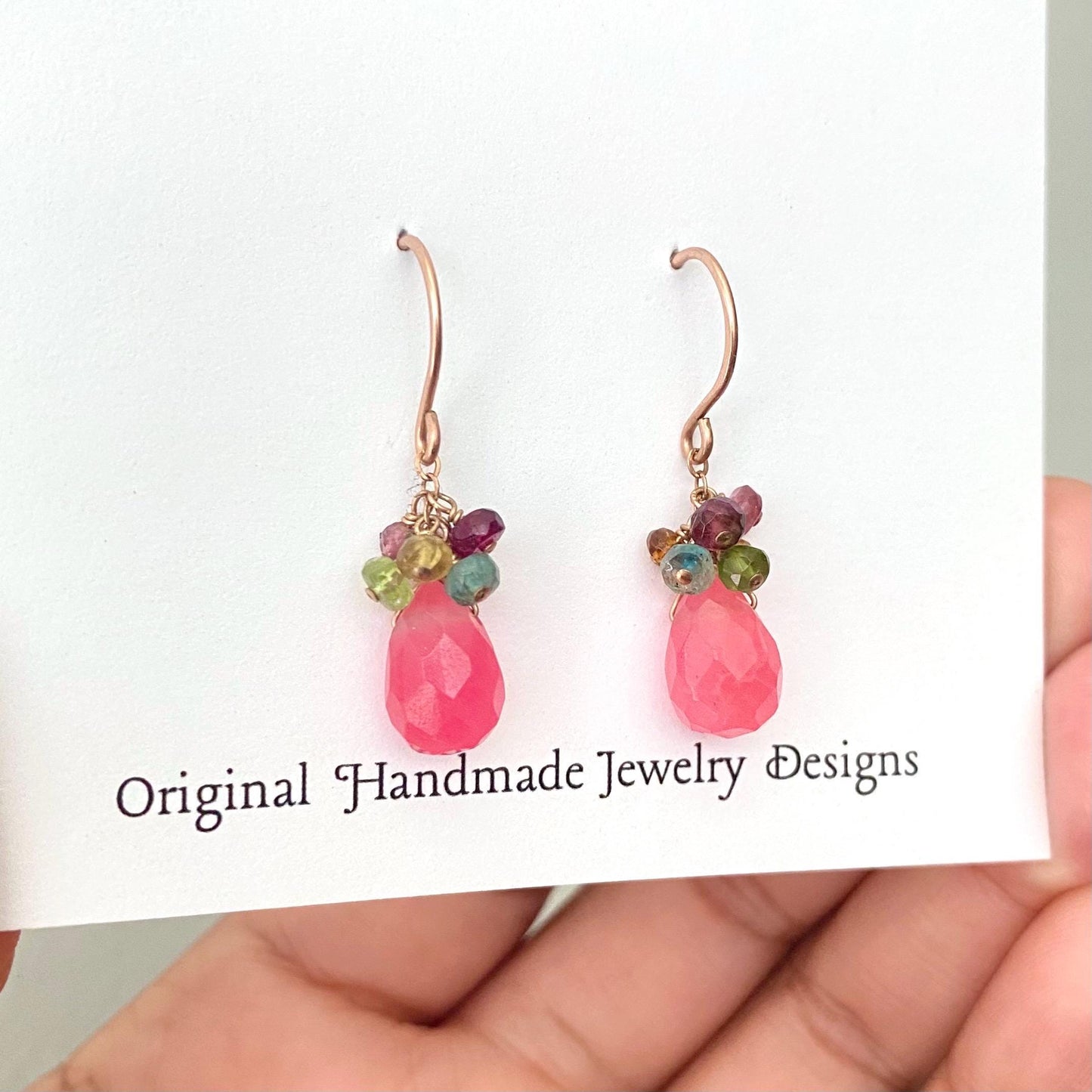 Pink Fuchsia Jade Dangle Drop Rose Gold Earrings. Handmade