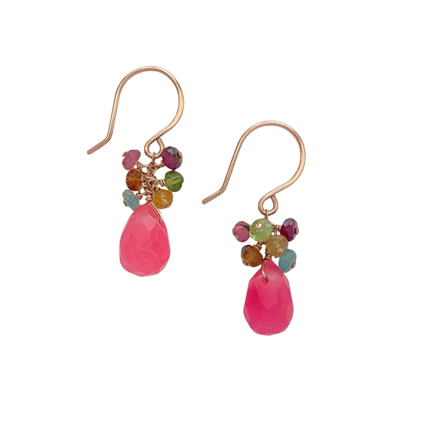 Pink Fuchsia Jade Dangle Drop Rose Gold Earrings. Handmade