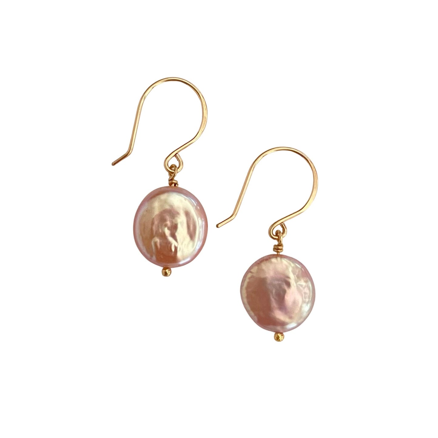 Pink Coin Freshwater Pearl Earrings. Handmade 14k gold filled ear wires