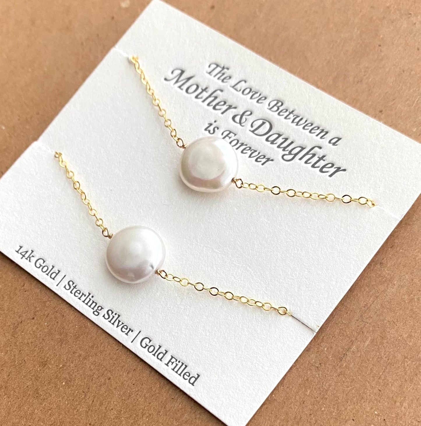 Mother Daughter Matching Freshwater Coin Pearl Necklaces. Gold Mommy and Me Necklace Gift Set.