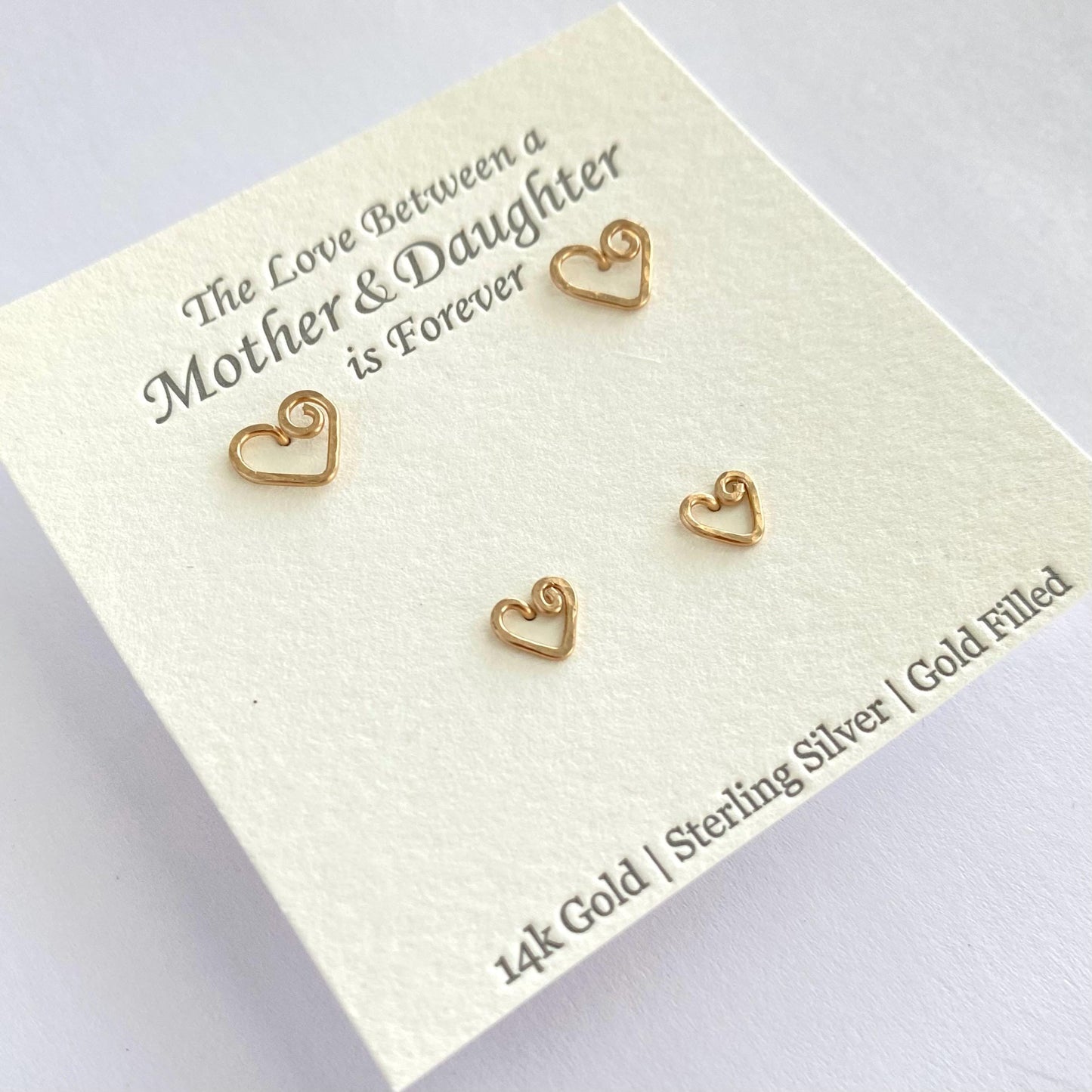 Mother Daughter 14k Gold Heart Studs Set: Hammered Texture Earrings