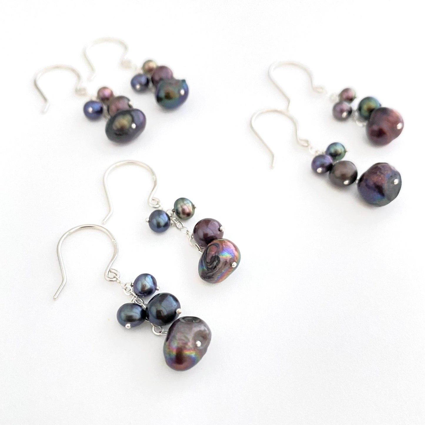 Black Peacock Pearl Earrings: Sterling Silver Dangle Earrings