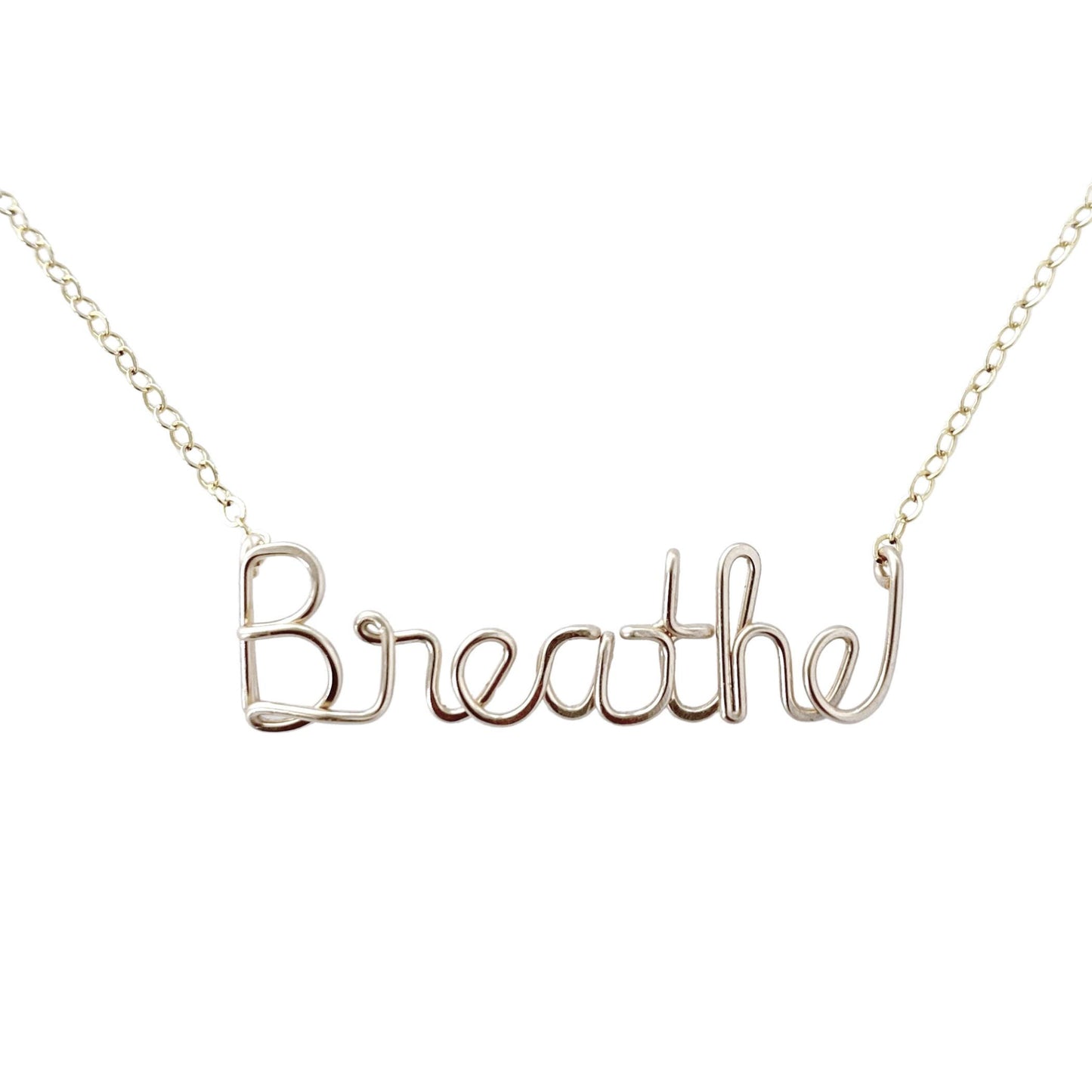 Sterling Silver Breathe Necklace: Wire Calligraphy, Yoga Inspiration