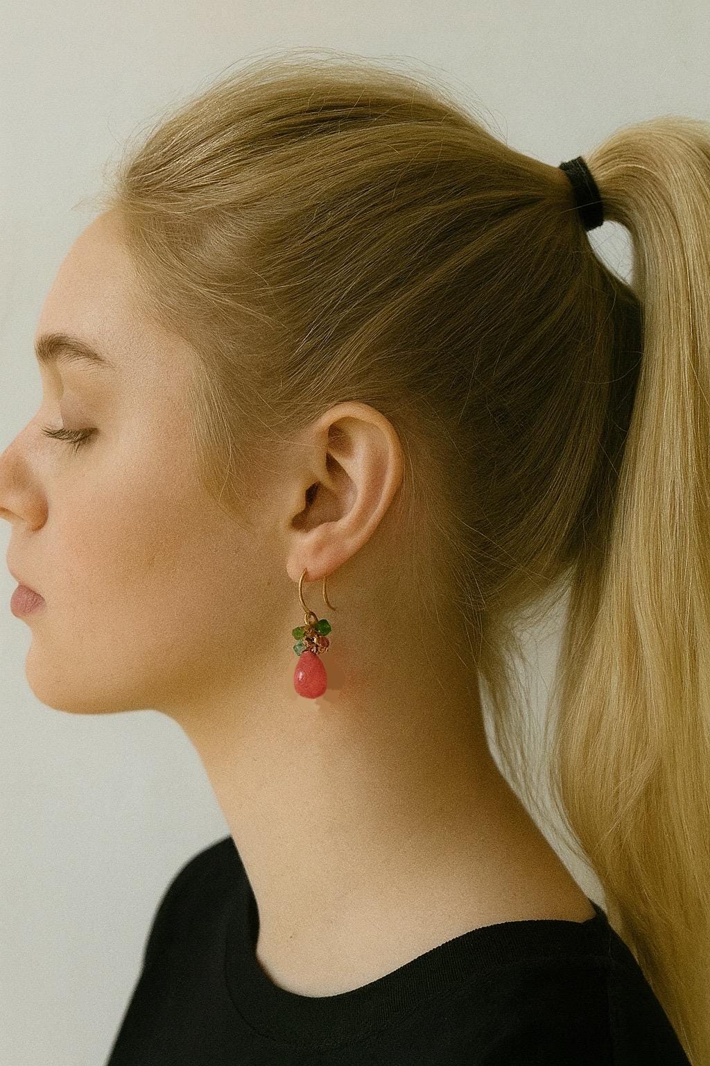 Pink Fuchsia Jade Dangle Drop Rose Gold Earrings. Handmade