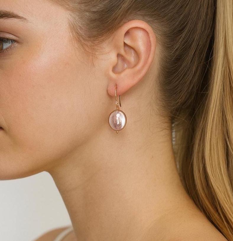 Pink Coin Freshwater Pearl Earrings. Handmade 14k gold filled ear wires
