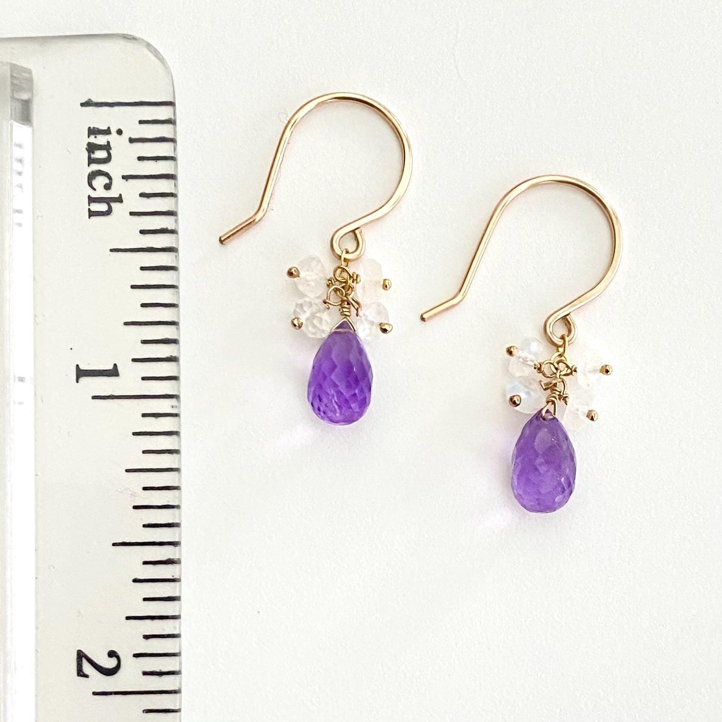 Amethyst and moonstone 14k gold filled drop earrings. February Birthstone earrings