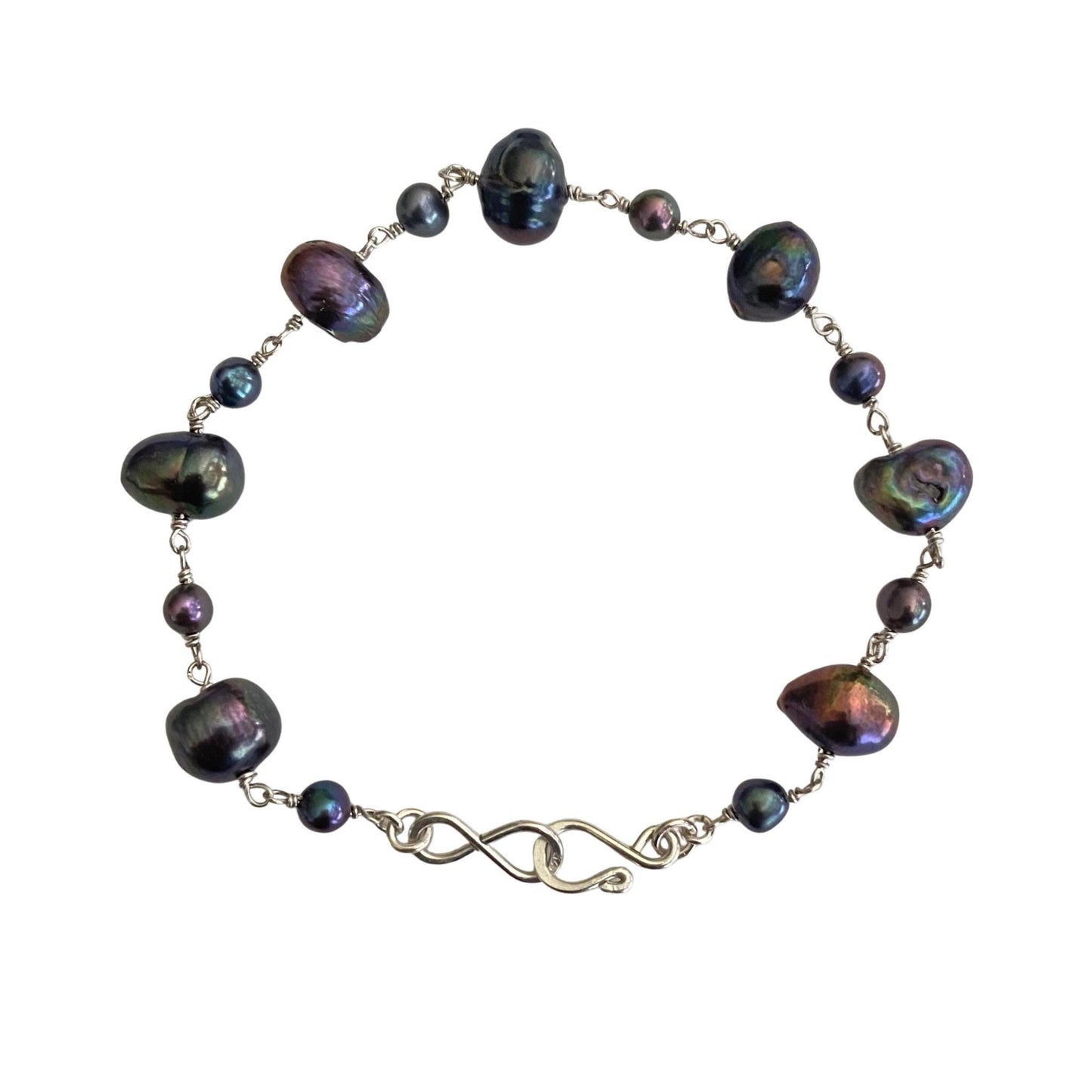 Black Peacock Freshwater Pearl Bracelet Sterling Silver Infinity Clasp Handmade