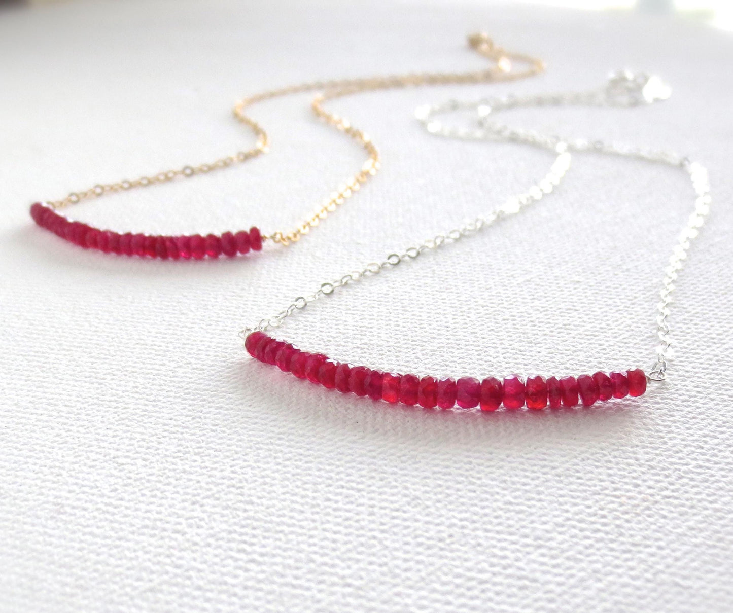 Red Ruby Necklace. Sterling Silver Genuine Rubies Bar Necklace.