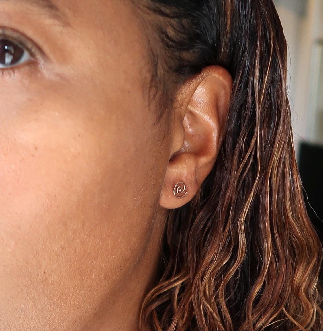 14k Rose Gold Spiral Stud Earrings: Hand Hammered Sun Swirl Posts